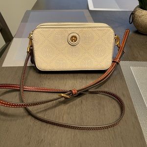 TORY BURCH MONOGRAM PERFORATED LEATHER DOUBLE-ZIP MINI BAG